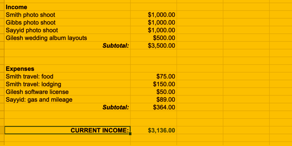 Sample of small business accounting spreadsheet for a photographer