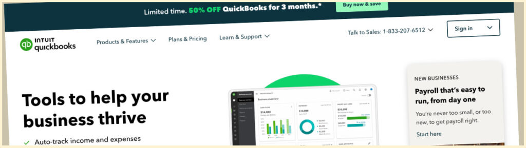 Screenshot: QuickBooks Website (a tool that can be used for side hustle finances)